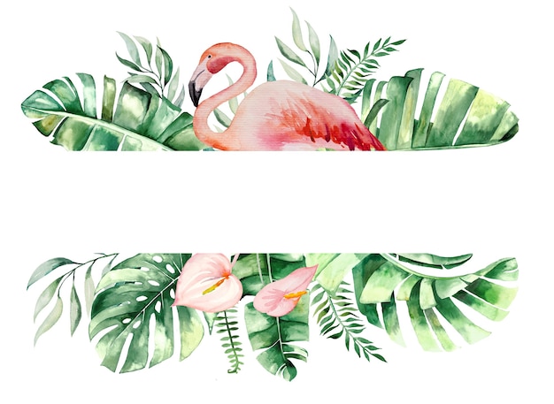 Flamant rose à l'aquarelle, feuilles tropicales et fleurs encadrent une illustration isolée pour le mariage à l'arrêt, les salutations, le papier peint, la mode, les affiches