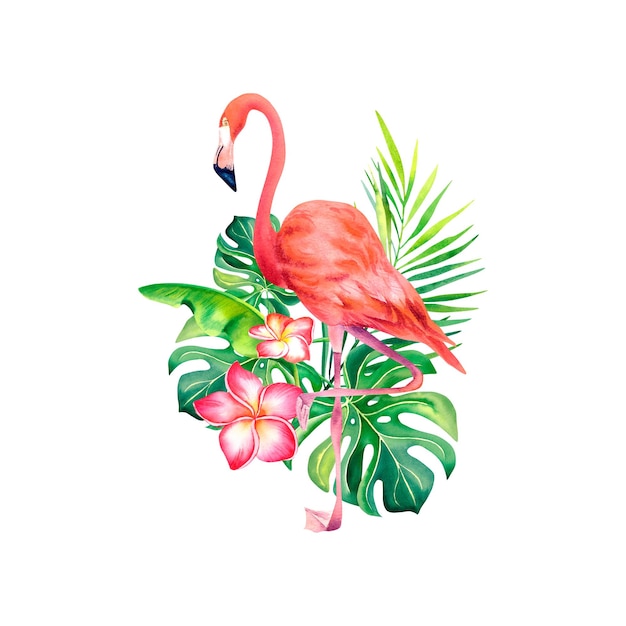 Flamant rose Composition de branche de palmier monstera et de plumeria sur un fond isolé Un oiseau exotique Illustration aquarelle