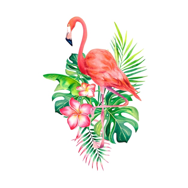 Flamant rose Composition de branche de palmier monstera et de plumeria sur un fond isolé Un oiseau exotique Illustration aquarelle