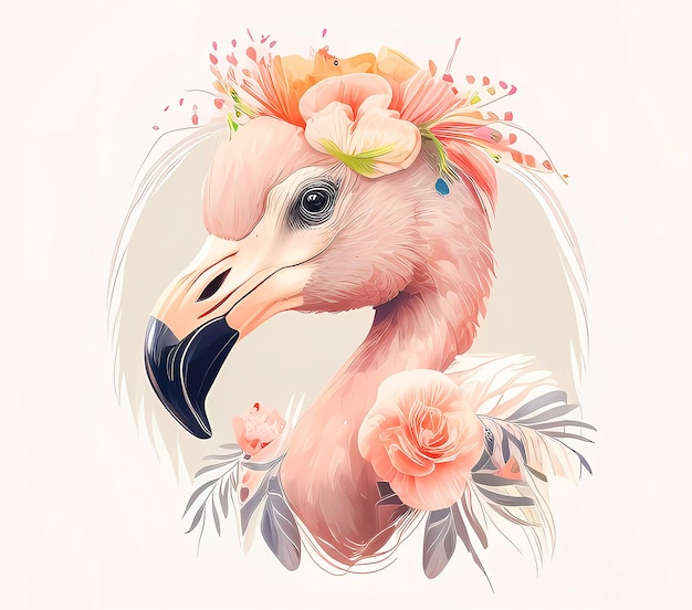 Un flamant rose avec une couronne de fleurs dessus