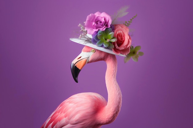 Flamant rose dans un chapeau orné de fleurs sur fond violet AI générative