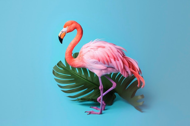 Flamant rose dans des feuilles tropicales sur fond bleu AI générative