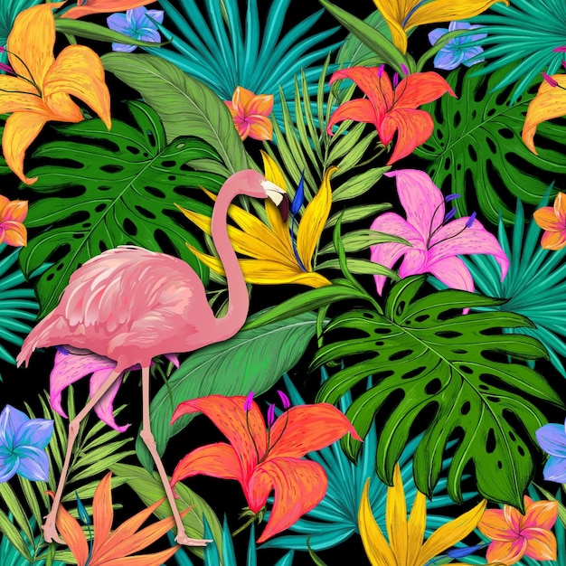 Le flamant rose dans le paradis tropical
