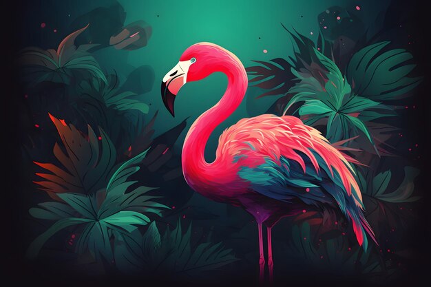 Flamant rose debout au milieu d'une forêt de palmiers Generative AI