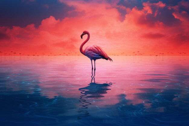 Un flamant rose debout dans l'eau au coucher du soleil Flamant rose sur le lac au couchement du soleil Arrière-plan de la nature