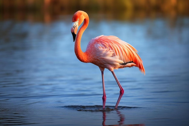 un flamant rose est debout dans l'eau.