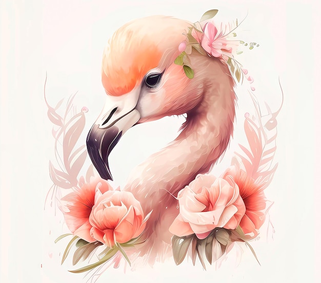 Un flamant rose avec des fleurs dedans