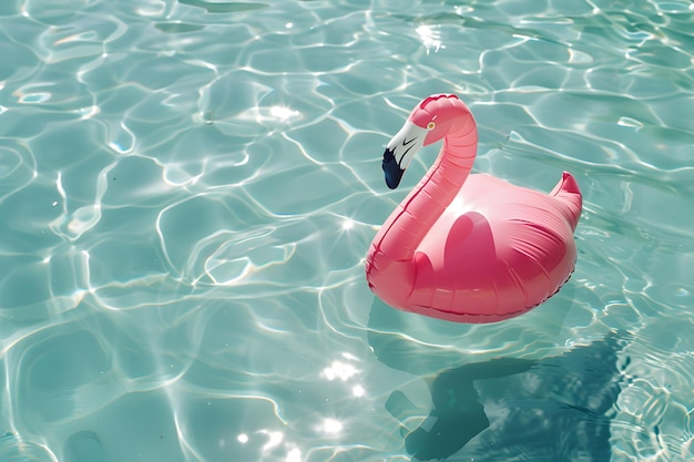 Un flamant rose flotte dans l'eau d'une piscine par une journée ensoleillée.