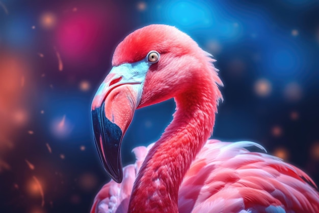 Flamant rose sur fond bleu vue rapprochée générative ai