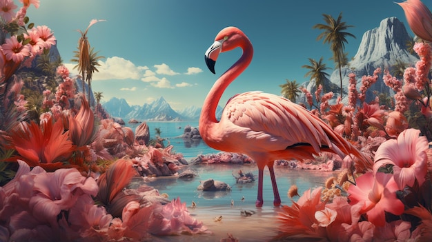 un flamant rose sur un fond tropical