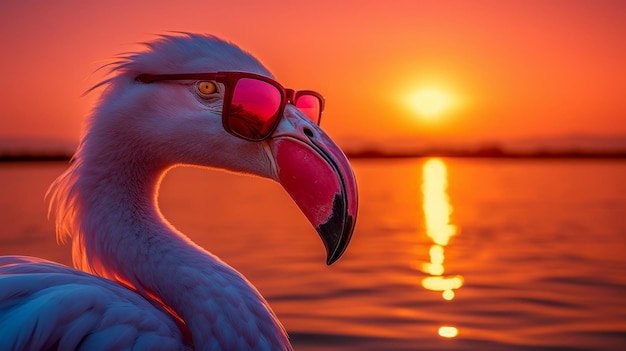 flamant rose avec des lunettes de soleil au coucher du soleil généré avec ai