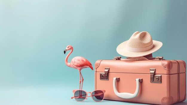 Un flamant rose et des lunettes de soleil sont à côté d'une valise rose.