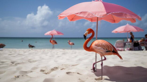 Flamant rose sur la plage ensoleillée