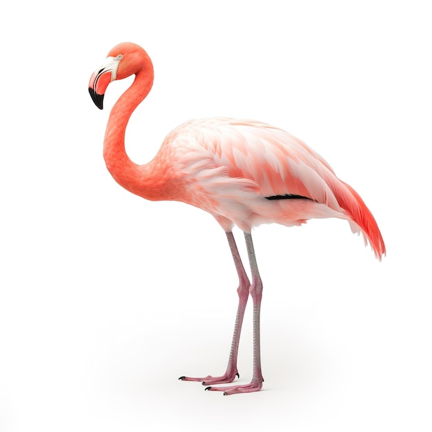 Un flamant rose avec une pointe noire se tient devant un fond blanc.