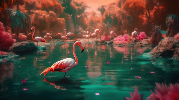 Un flamant rose se tient dans l'eau avec un flamant rose dans l'eau.