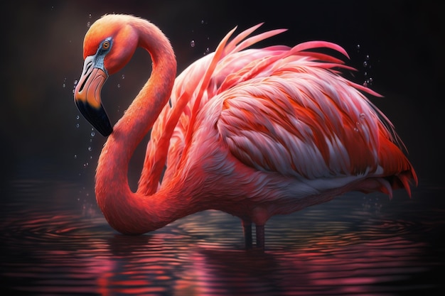 Un flamant rose se tient dans l'eau avec le soleil qui brille dessus.