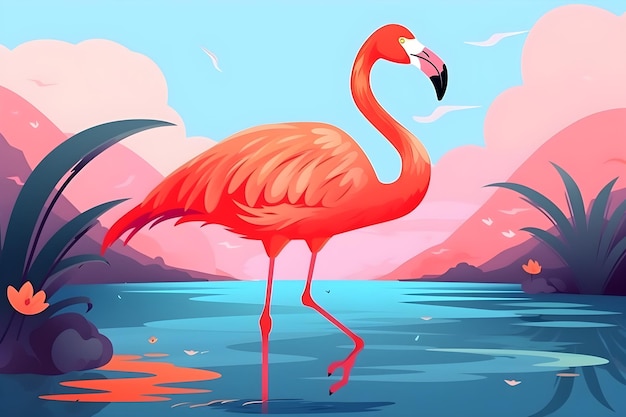 Un flamant rose se tient dans un lac avec un fond rose.