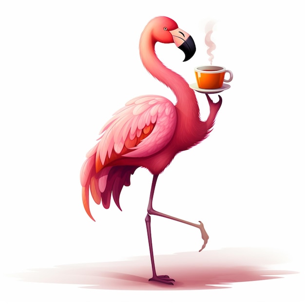 flamant rose avec une tasse de café et une cigarette ai générative