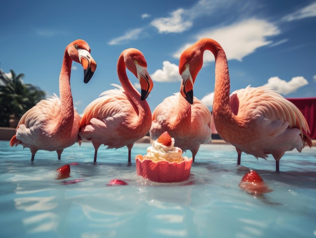 Les flamants mangent de la crème glacée dans la piscine.