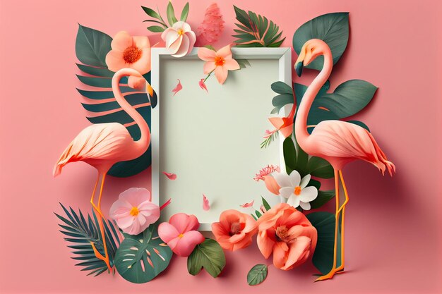 Photo flamants roses et un cadre avec des feuilles et des fleurs tropicales