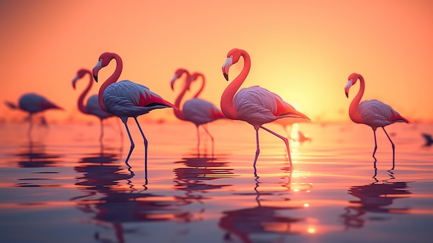 Flamants roses dans l'eau sur fond de coucher de soleil