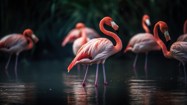 Flamants roses dans un étang avec un fond sombre