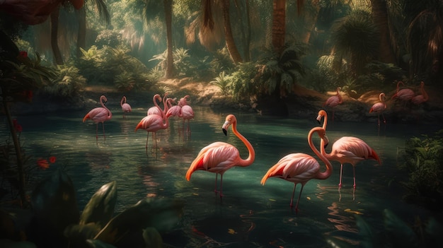 Flamants roses dans une jungle avec des arbres en arrière-plan