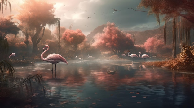 Flamants roses dans un lac avec des arbres roses et des oiseaux en arrière-plan