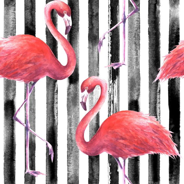 Flamants roses exotiques tropicaux sur fond noir et blanc à rayures verticales. Illustration aquarelle dessinée à la main. Modèle sans couture pour l'emballage, le papier peint, le textile, le tissu.