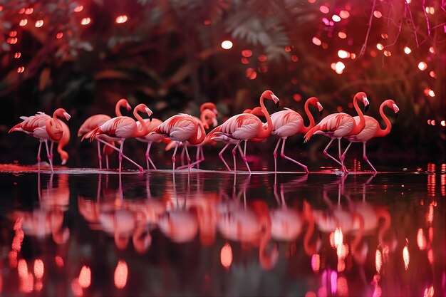 Photo les flamants roses marchent sur l'eau