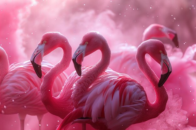 Photo les flamants roses mystiques sous un nuage de poussière de fuchsia