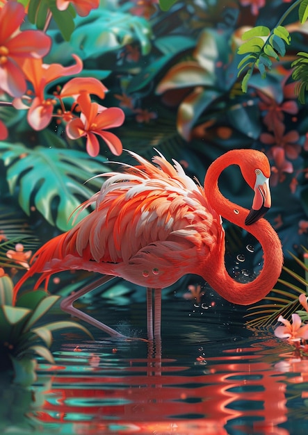 Flamingo debout dans l'eau avec des fleurs roses et des feuilles vertes