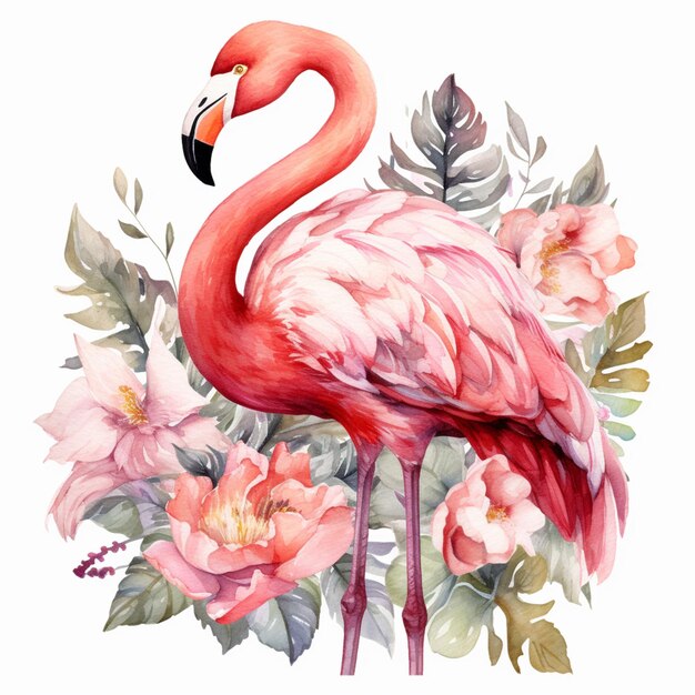 Flamingo debout devant un bouquet de fleurs avec un fond blanc