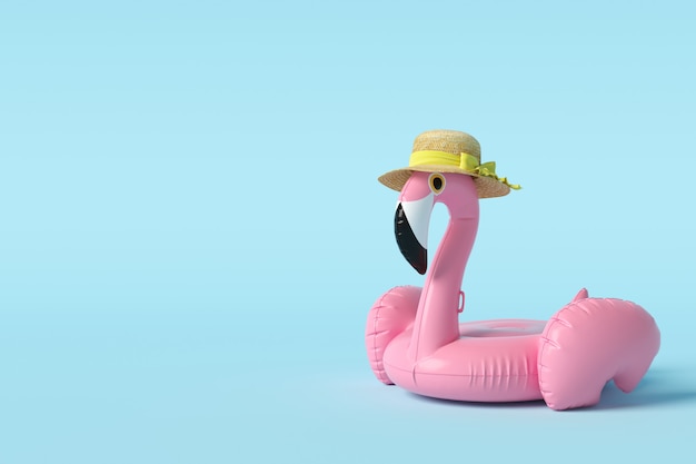 Flamingo float sur le concept minimal de mur bleu.