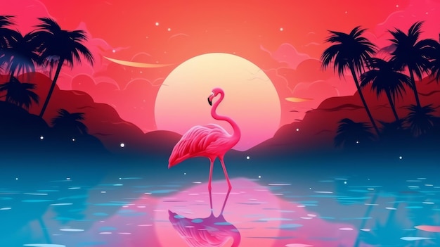 Flamingo sur fond abstrait de plage tropicale style de couleur de ton rétro ai générative