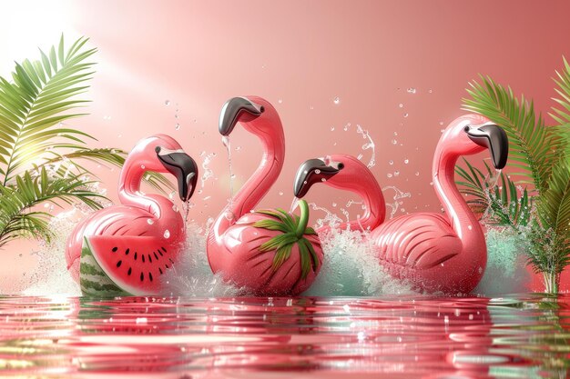 Flamingo gonflable jouet pastèque coquille de palmier et éclaboussures d'eau dans un rendu réaliste 3D