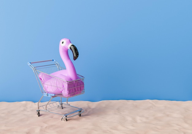 Flamingo rose gonflable dans un panier d'achat sur une plage de sable avec un fond bleu