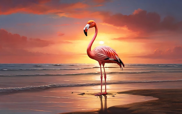 Flamingo rose sur la plage au coucher du soleil