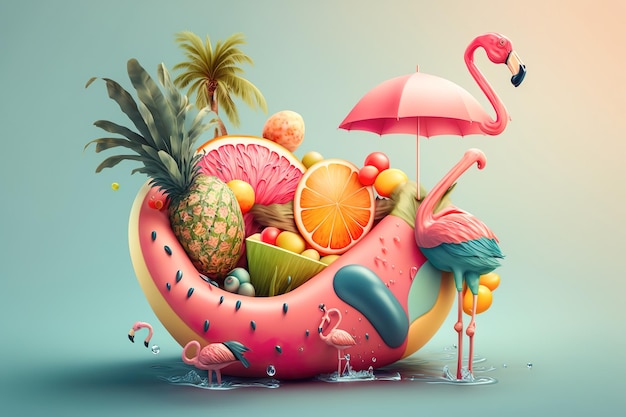 Flamingo tropical d'été avec pastèque parasol palmiers vacances d'été festive fond de plage Générer Ai