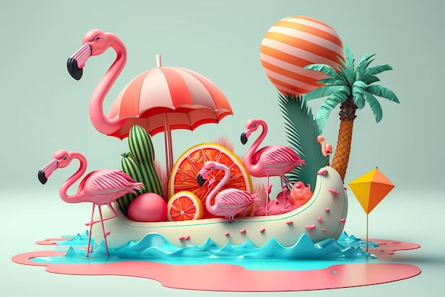 Flamingo tropical d'été avec pastèque parasol palmiers vacances d'été festive fond de plage Générer Ai