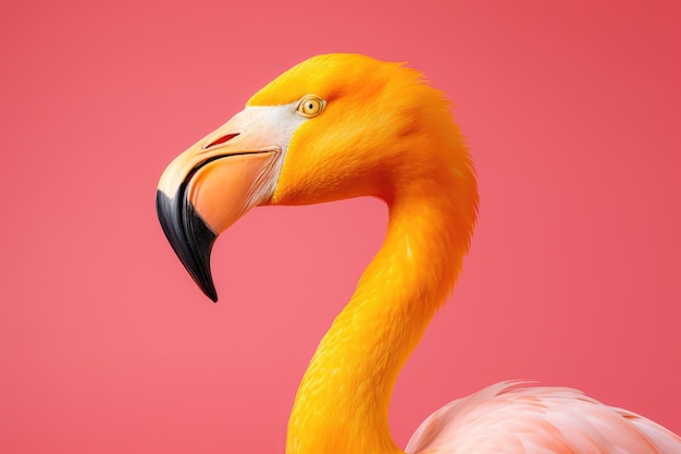 Flamingue jaune sur fond rose vue latérale