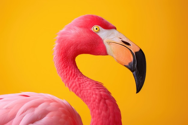 Flamingue rose sur fond jaune vue latérale