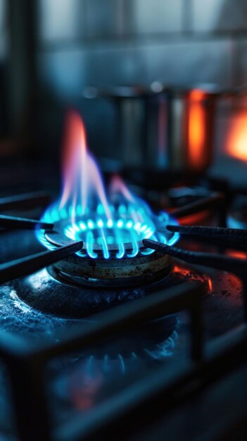 Une flamme bleue brûle sur un poêle à gaz.