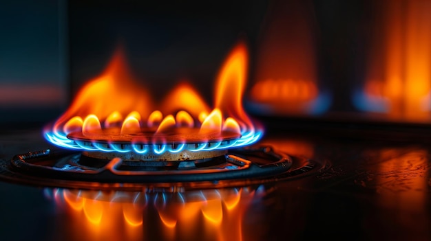 La flamme bleue d'un poêle à gaz dans une cuisine sombre