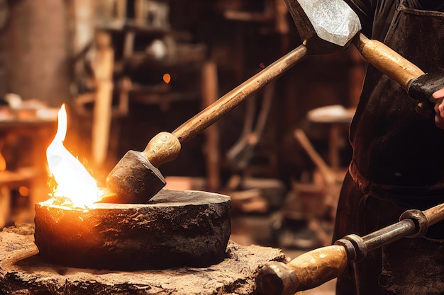 Flamme brûlant sur l'enclume pour traiter l'acier et le fer chauds