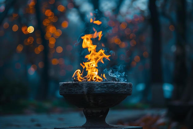 Photo une flamme élégante danse dans un bol de pierre au crépuscule