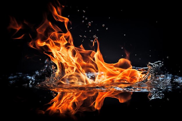 Une flamme flamboyante avec de l'eau sur un fond noir.