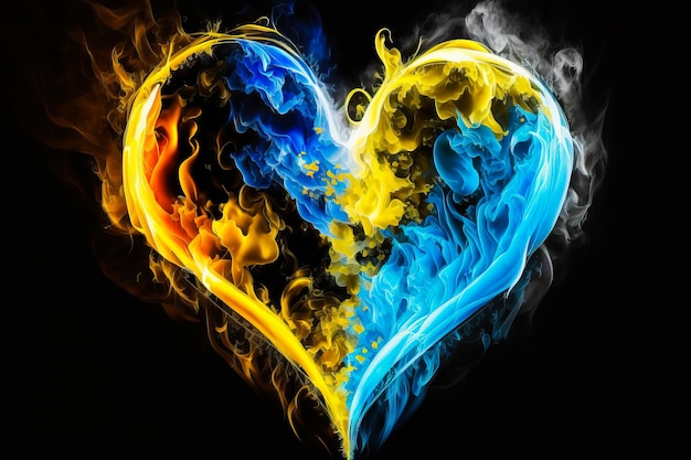 Photo flamme en forme de coeur bleu et jaune sur fond noir ai générative