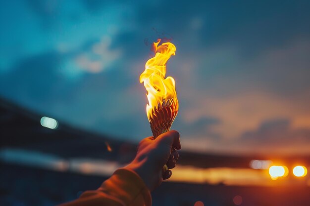 Photo une flamme olympique est tenue par une main sur la toile de fond du stade nocturne antérieure au jour et à l'espace réels.