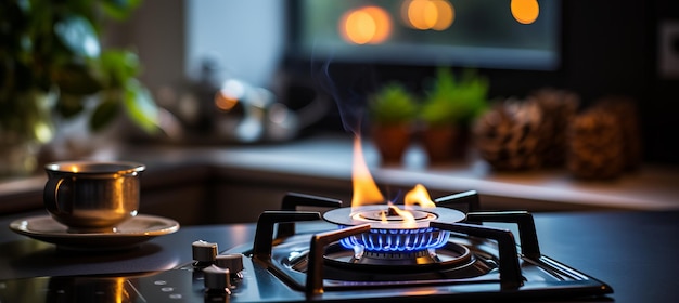 Photo flamme de poêle à gaz brûlant avec cadre en fonte noire à l'intérieur de la cuisine